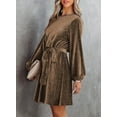 thumbnail image 3 of DOKOTOO Womens Velvet Cocktail Dress Lantern Sleeve Skater Dresses High Waist Party Dresses with Belt Fashion A-Line Dress, 3 of 8