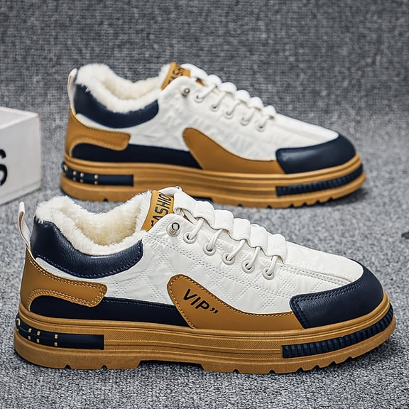 Men's Winter Snow Traction Sneakers - Upper & Cushioned PVC Sole, White & Golden/Black/Blue Colorway, Low-Top Ankle-High, Slip-Resistant Tread for Ice & Snow - Casual & Formal Winter Shoes for Men