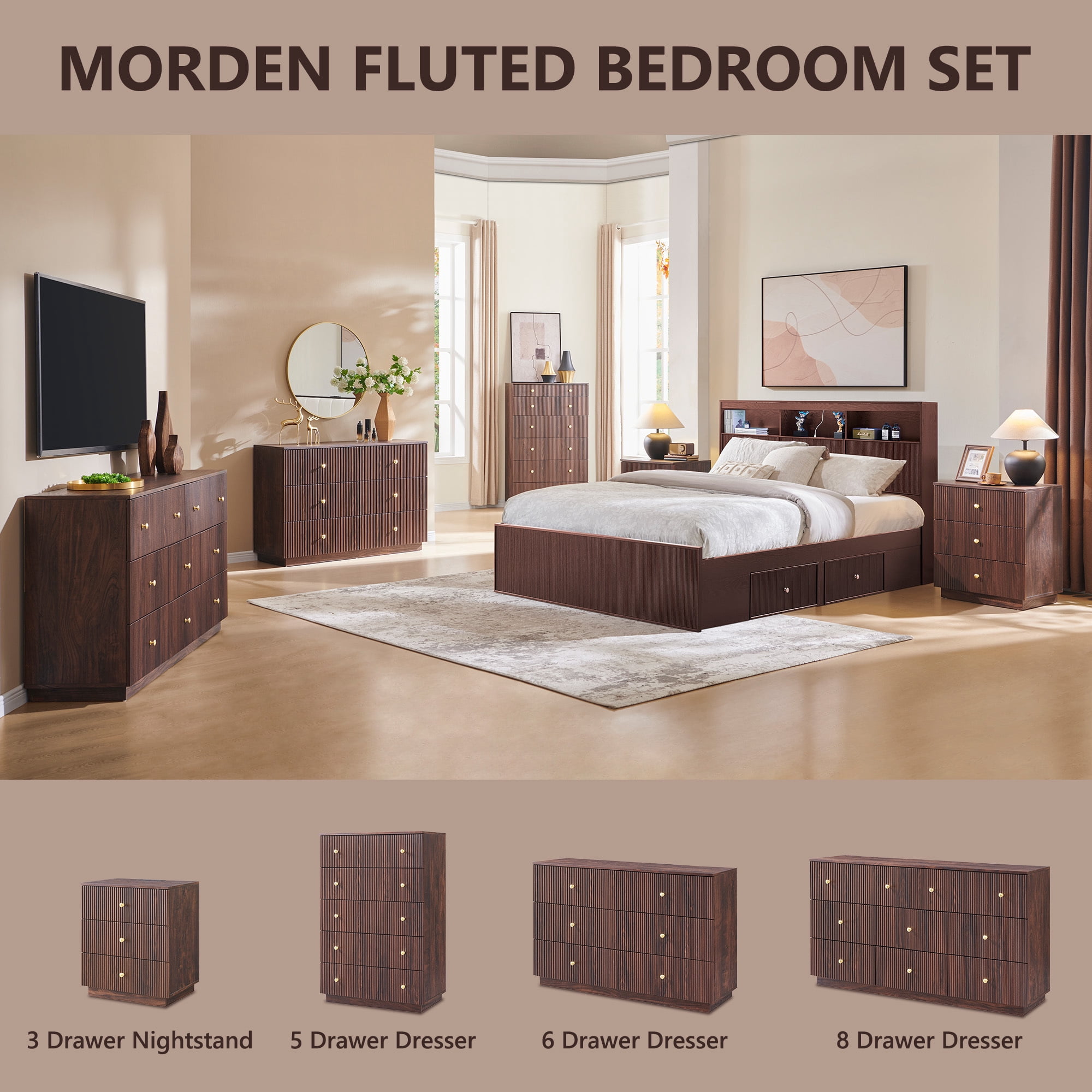 wow97e Fluted 6 Drawers Dresser, Wood 47" Tall Chest of Drawers with Deep Storage, Modern Bedroom Chest for Closet Hallway, Entryway, Living Room