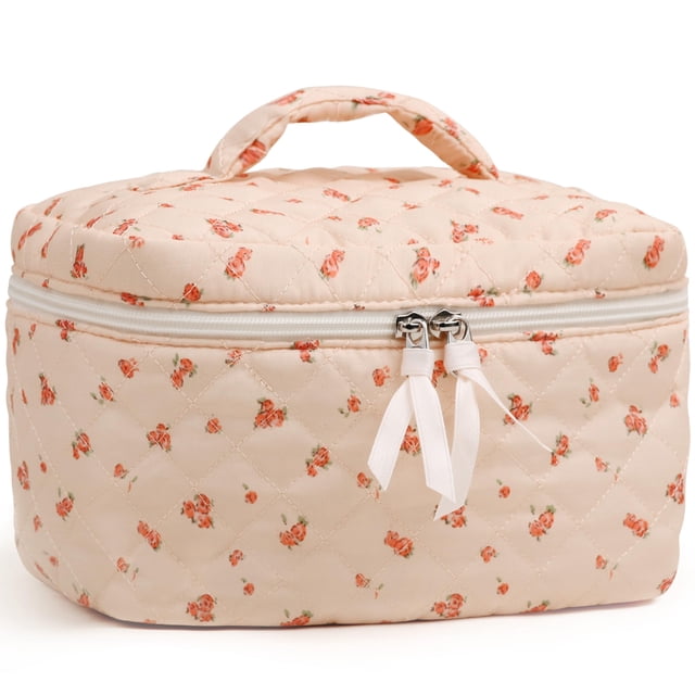Bolsa de maquillaje Prite, grande, acolchada, de algodón floral, para mujer, rosa