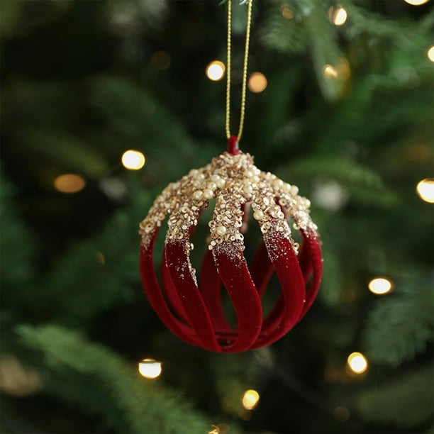 Adornos navideños Yuanzi rojos con purpurina - Bolas colgantes de 8 cm para decorar el árbol de Navidad, fiestas y el hogar, juego de 5 bolas de terciopelo rojo con destellos dorados