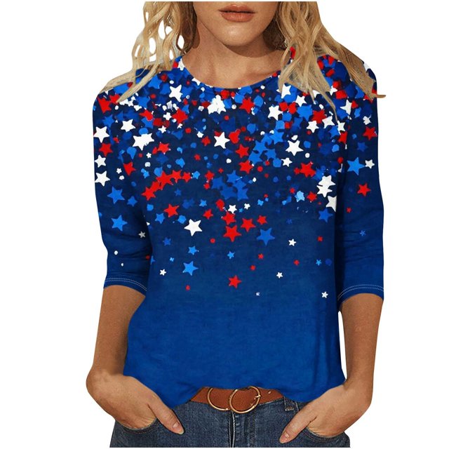 HUJlwoi Chemises Grande Taille pour Femmes Fête de l'Indépendance Manches 3/4 Col Rond Hauts Classiques Tunique Imprimée Graphique Vêtements d'Été 4 Juillet