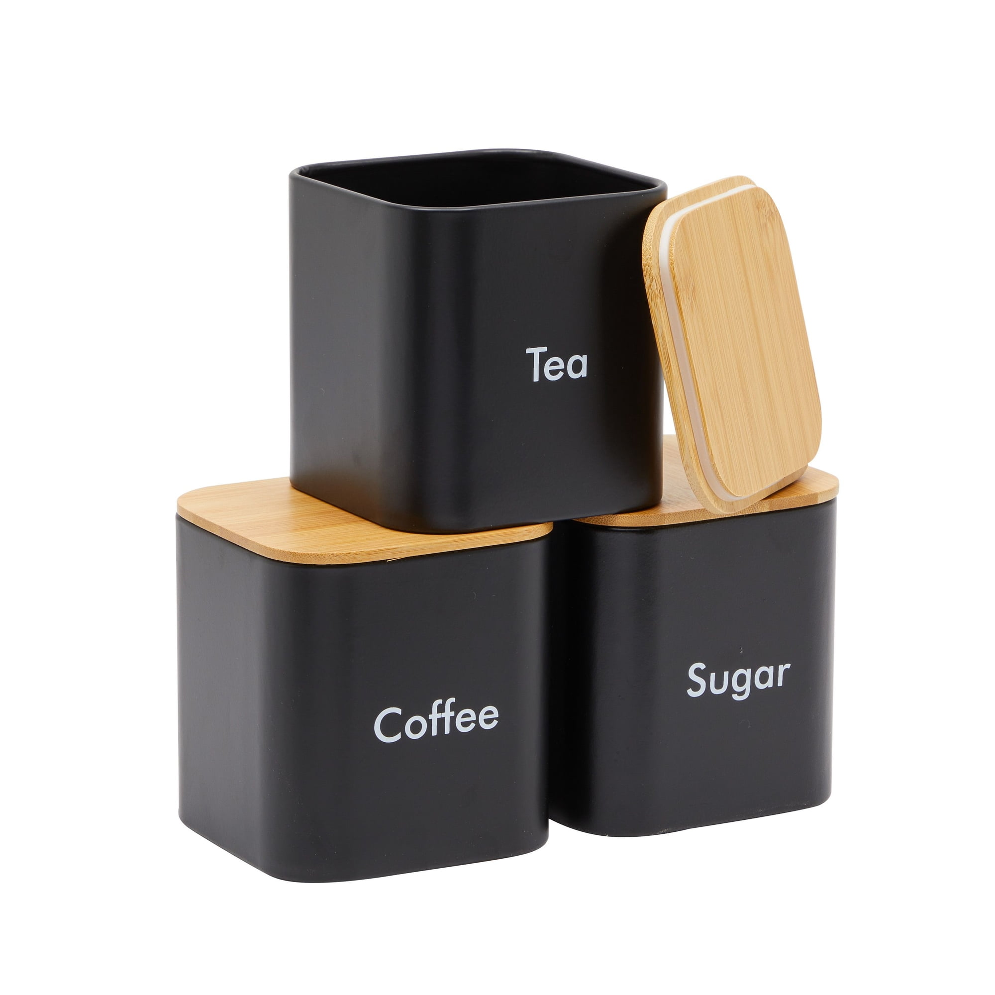 Coffee Tea Sugar Container Set - Black Iron Kitchen Canister Set with Bamboo Lids (3 Pieces, 48 oz)