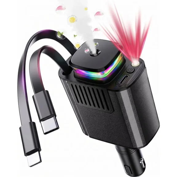 5 in 1 Car Charger Retractable, 120W Fast Charging USB-C Car Adapter with Dual Retractable Cables, Aroma Diffuser & Ambient Light for iPhone and Android
