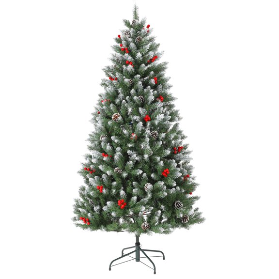 Artificial Snow Flocked Xmas Tree - Pine Cones & Berries, Easy Assembly Hinged Stand for Holiday Party Decor