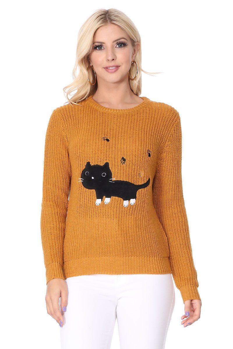 YEMAK Women's Black Cat Applique Crewneck Long Sleeve Casual Knit