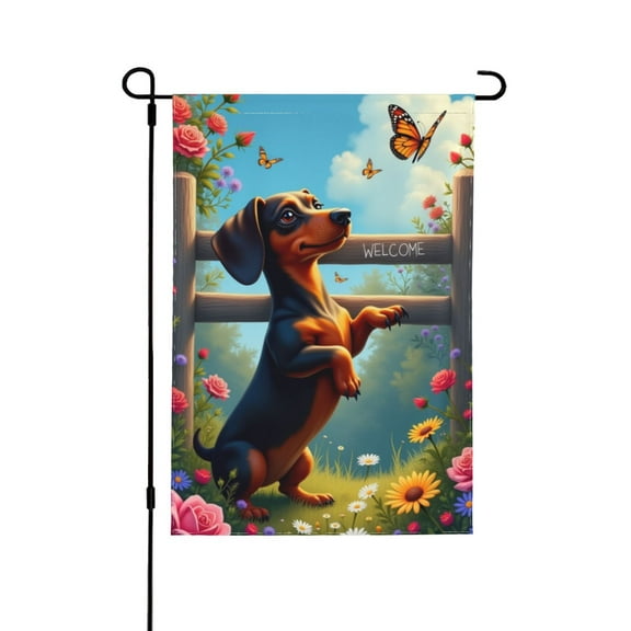 Welcome Spring Summer Garden Flag Dachshund Dog In Flowers Butterflies 12x18 Inch Double Sided Outdoor Yard Flag Farmhouse Decor