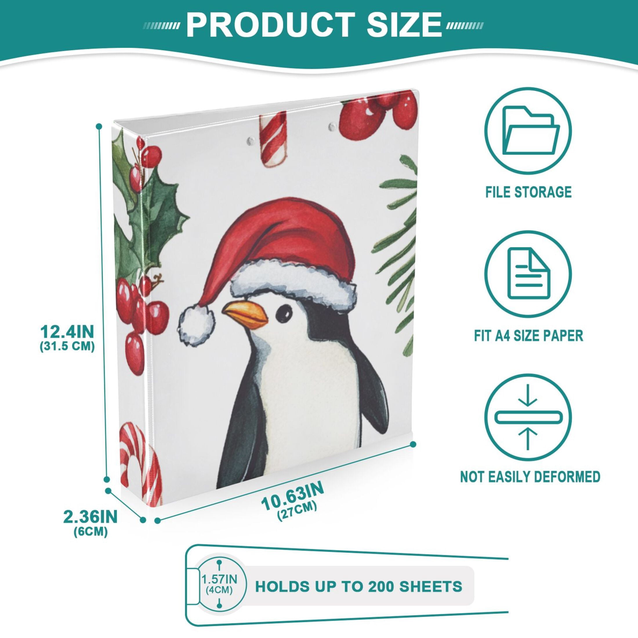 Christmas Penguins 3 Ring Binders 1.5 inch Hardcover File Folders with Interior Pockets A4 Size Organizer for School Office Hospital
