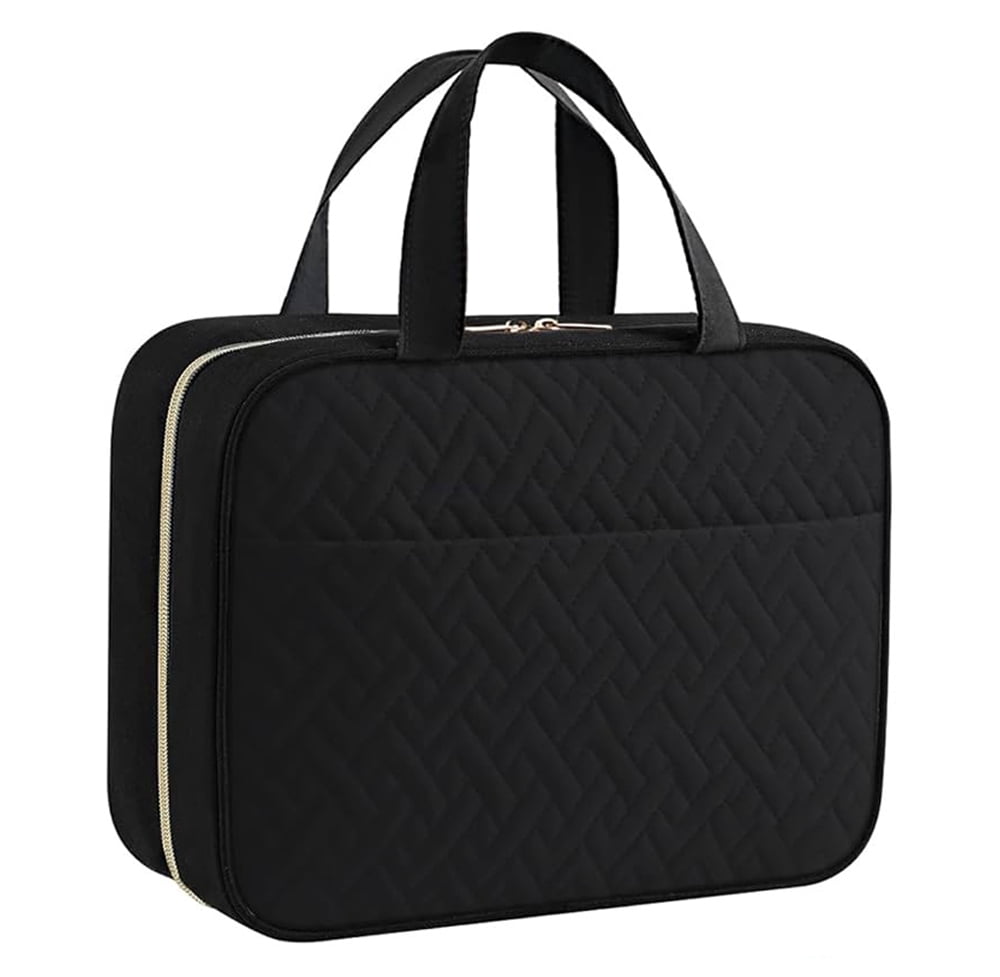SEHYRTTI Travel Toiletry Bag for Women, Makeup Bag Large Capacity with 4 Layers, Foldable Hanging Organizer,Compact & Leak-Proof Black Design, Gift for Women