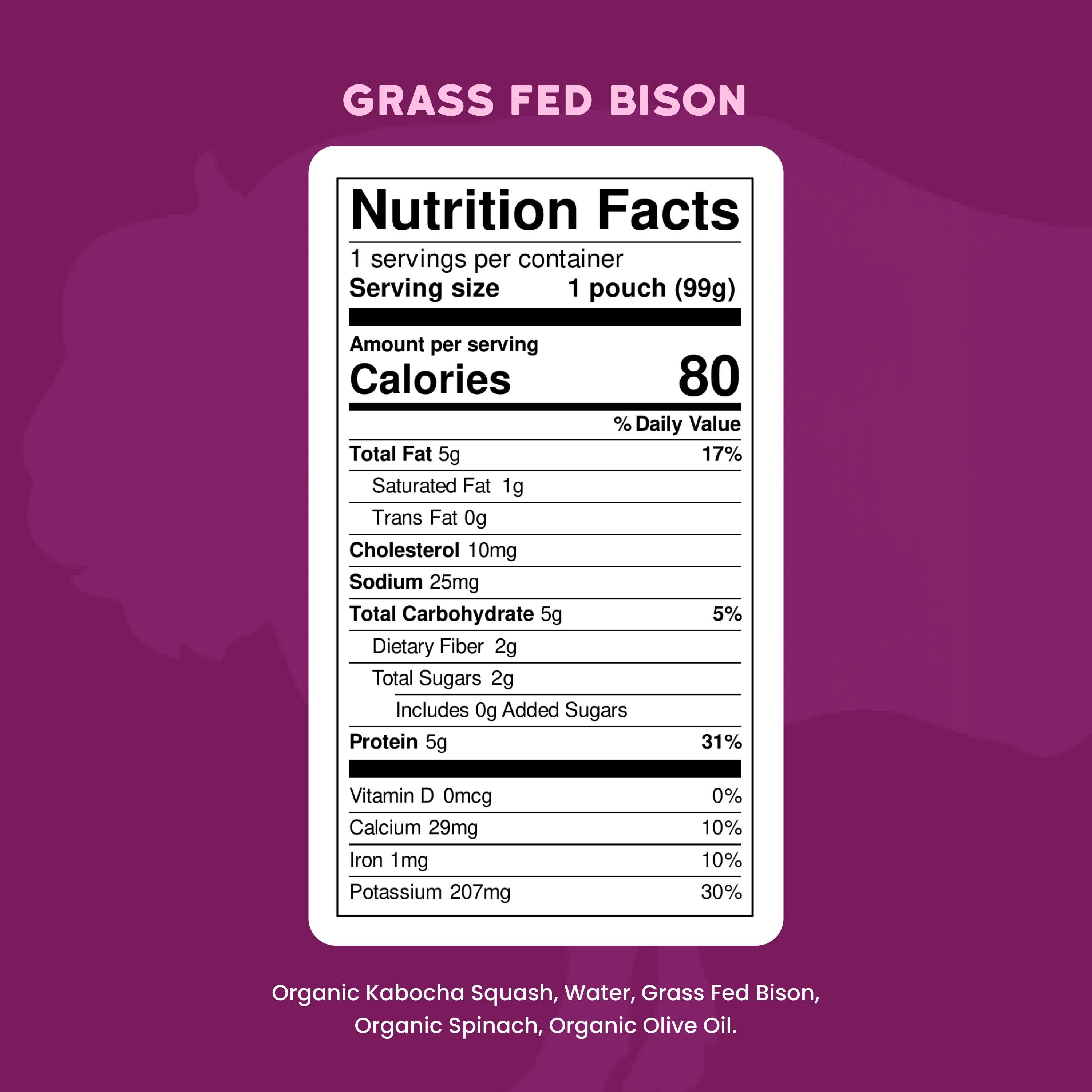 (12 pack) Serenity Kids Bison Stage 2 Baby Food with Kabocha Squash and Spinach, 3.5 oz Pouch