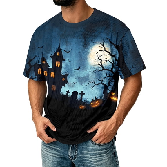 Halloween Shirts for Men Funny Pumpkin Ghost Print Graphic Halloween Tshirts Round Neck Short Sleeve Corduroy Tops Dark Gray XL