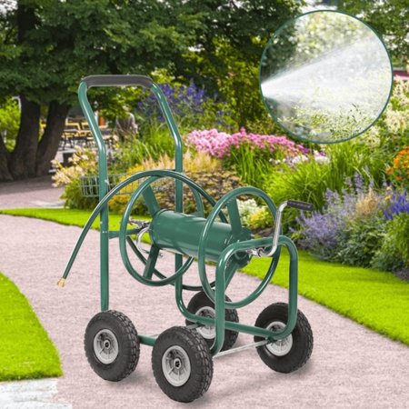 Garden Hose Reel Cart with Wheels for Outdoor Holds 300-Feet of 5/8-Inch Hose Outdoor Yard Water Planting Truck w/Storage Basket, Heavy Duty Water Planting Gardening& Patio Lawn Cart, Green