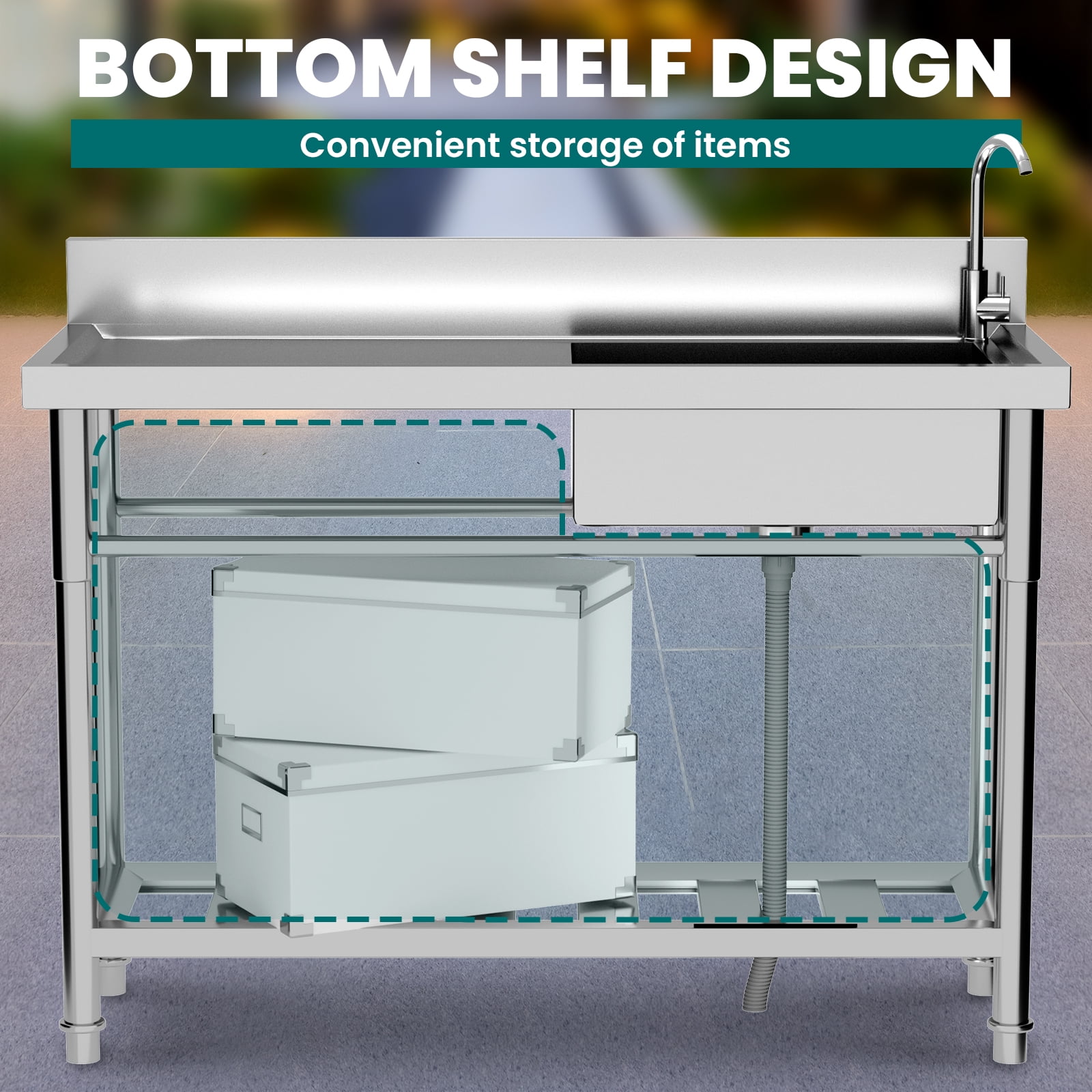 Stainless Steel Commercial Kitchen Sink, Free Standing Stainless-Steel Single Sink with Cold & Hot Water Faucet, Utility Sink for Restaurant & Home Kitchen
