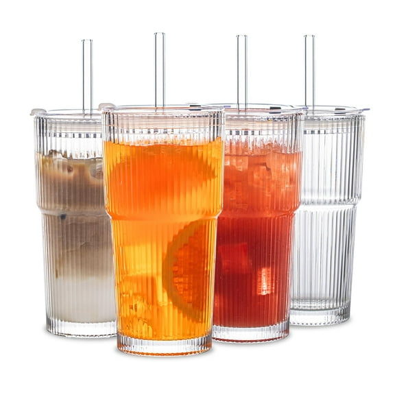 KEMORELA Ribbed Drinking Glasses ,with Lids and Glass Straws Glass Cup,20 oz - 4 Pack Old Fashioned Glasses,Thickened glass for iced coffees,cocktails and juices, perfect for families and part