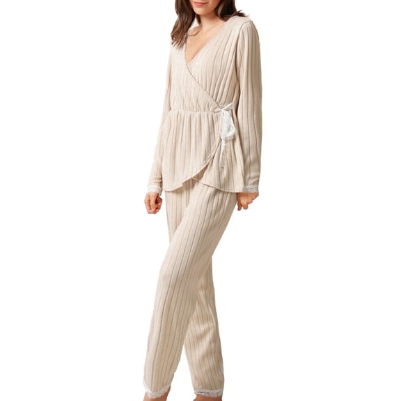 MecTo Womens Pajamas Sets Lace tie Pj Set V-neck Top with Long Pants Sleepwear 2 Piece Lounge Set