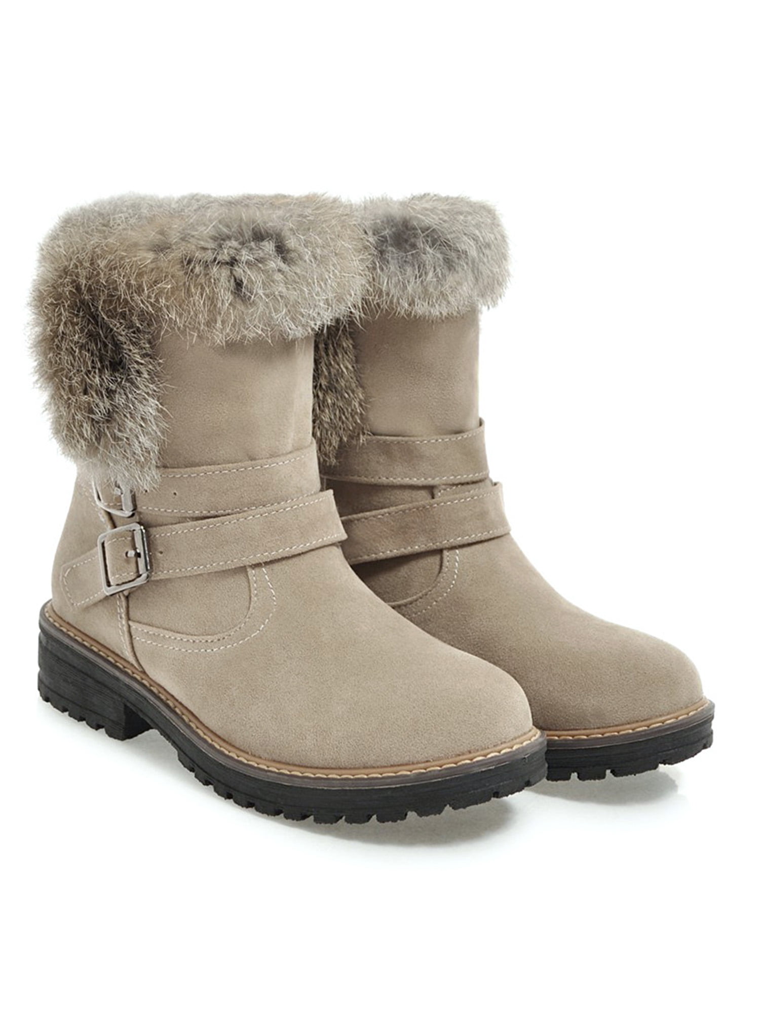 Women Warm Faux Fur Chunky Ankle Boots High Block Heel Buckle Zip Up Plush Shoes 