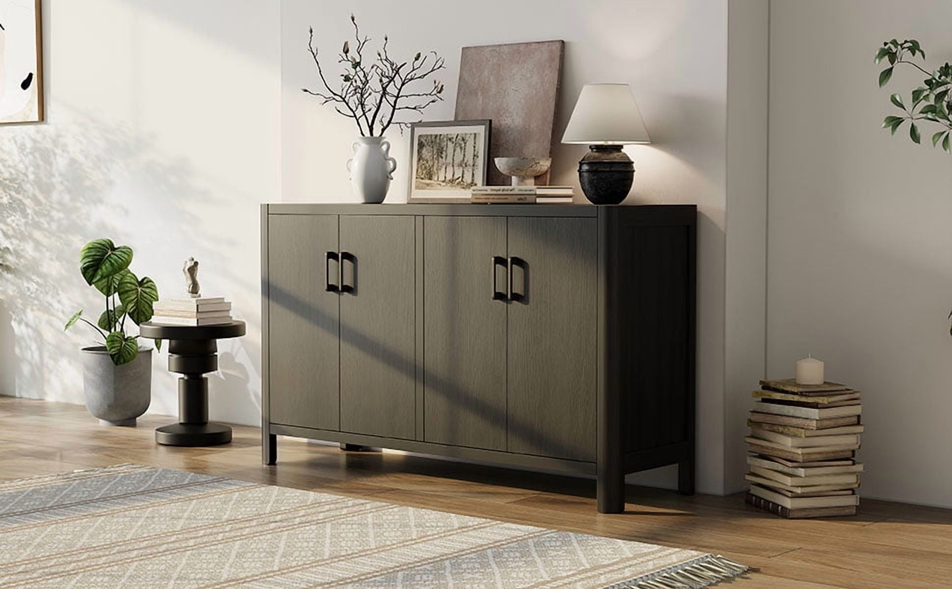 Noble House Farmhouse Style 4-Door Cabinet with Natural Finish,Black