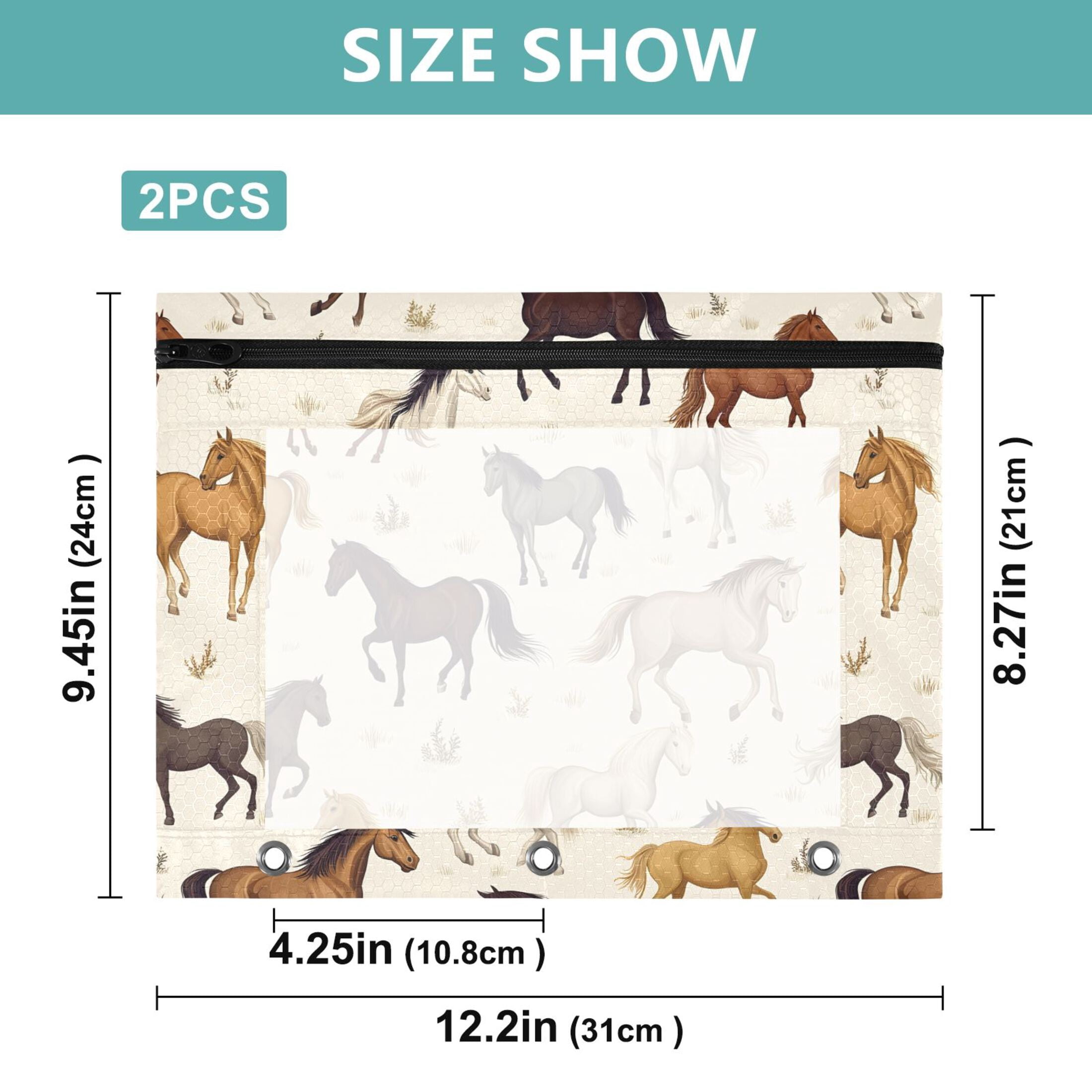 ALAZA Wild Horses Pattern Pencil Pouch 3 Ring Binder with Clear Window Organizers Case Bag 2PCs