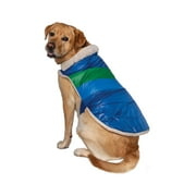 Angle View: Vibrant Life Pet Jacket for Dogs and Cats: Blue and Green Retro Color block Style with Sherpa Lining, Size L