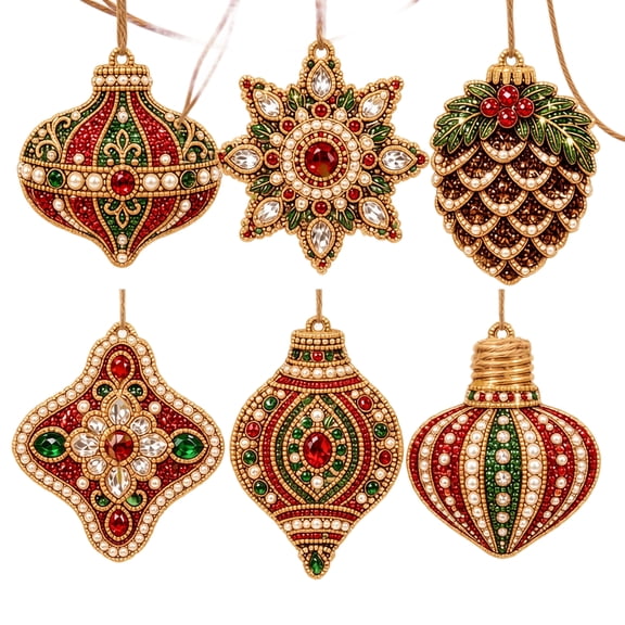 Diamond Painting Ornament Set, DIY Christmas Tree Hanging Decorations, 6pcs Rhinestone Art Craft Kit, Red Green Gold Mosaic Holiday Gifts for Home Decoration