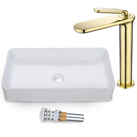 Aquaterior Bathroom Vessel Sink Faucet Kit Rectangle Ceramic Bathroom Sink & One Handle Vanity Basin Mixer Faucet w/Pop Up Drain (CUPC NSF CEC)