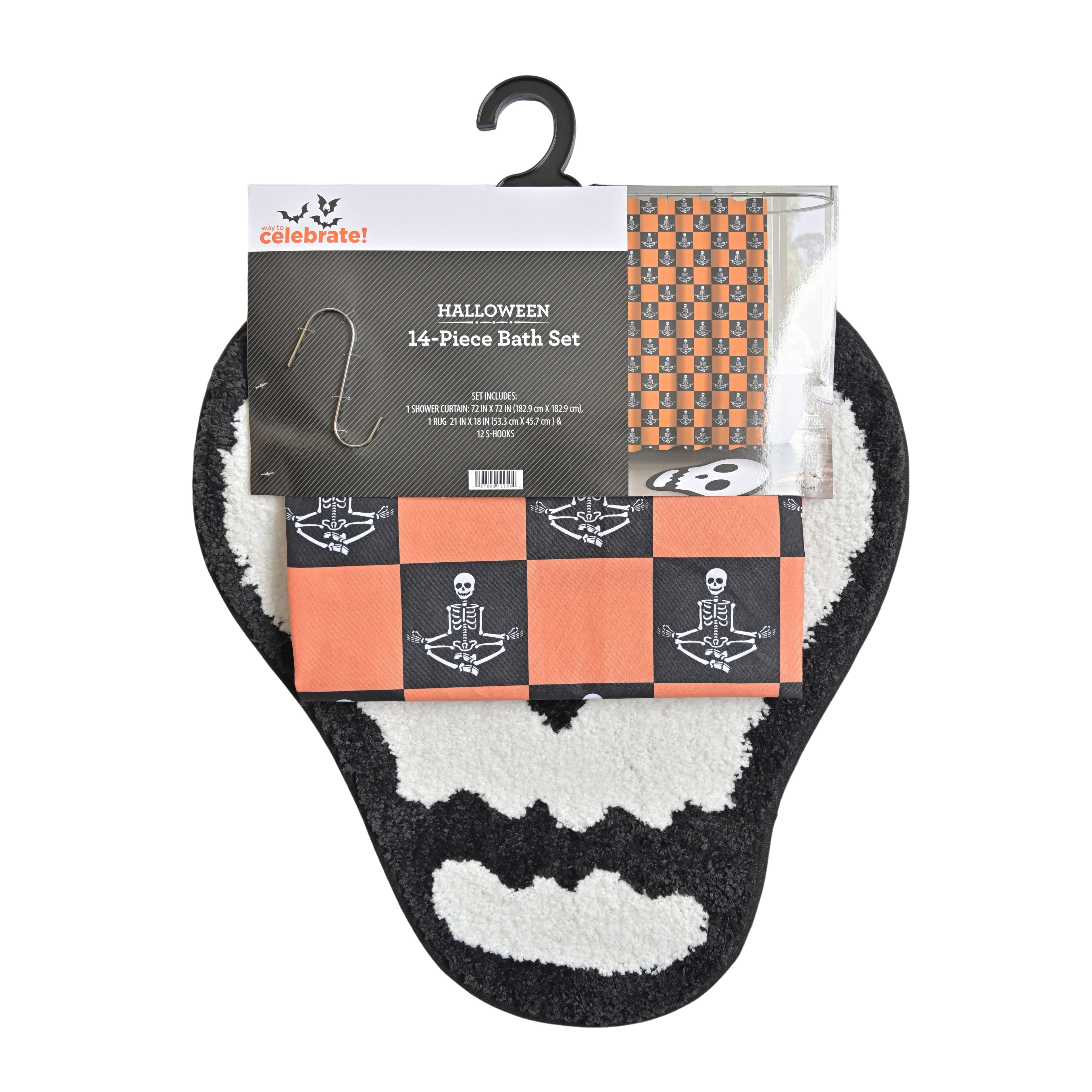 Way To Celebrate Skeleton Checkered 14-Piece Bath Set with Curtain, Rug, and Hooks, 72" x 72" & 21" x 18"
