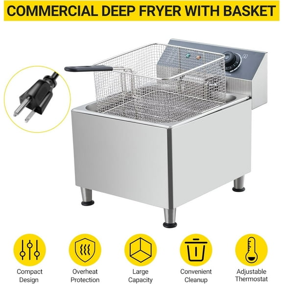 EastVita Friteuse Électrique Profonde en Acier Inoxydable 11 L avec Paniers, Doublure Intérieure 201 et Thermostat pour Maison, Cuisine, Restaurant