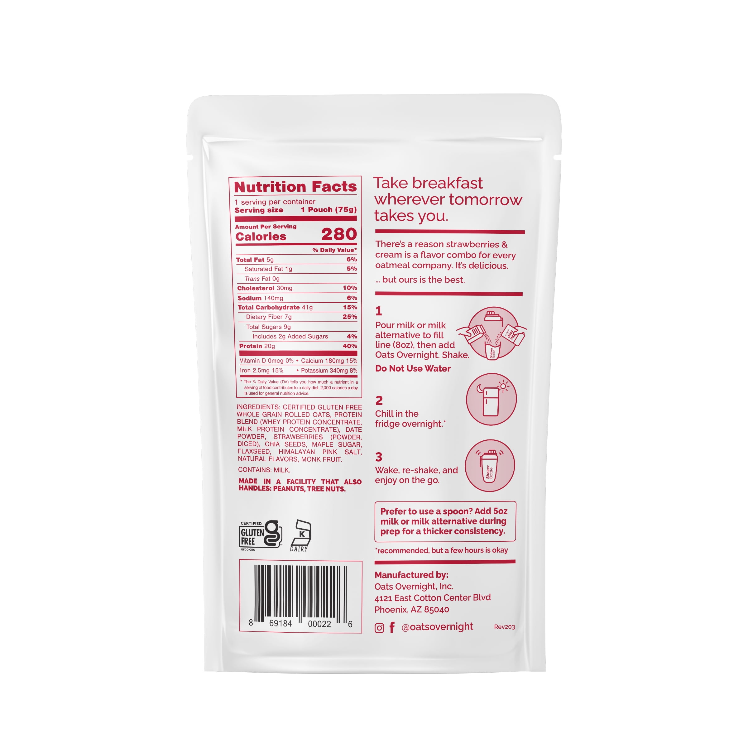 Oats Overnight Strawberries & Cream, High-Protein Oatmeal Shakes, 2.6oz, 1 pouch