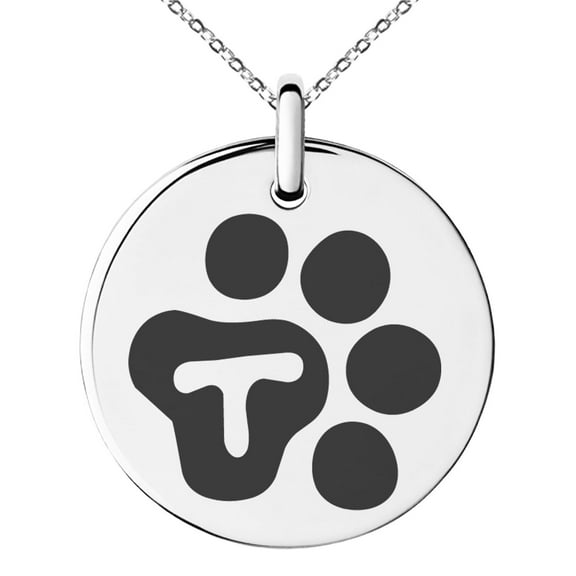 Stainless Steel Letter T Initial Cat Dog Paws Monogram Engraved Small Medallion Circle Charm Pendant Necklace
