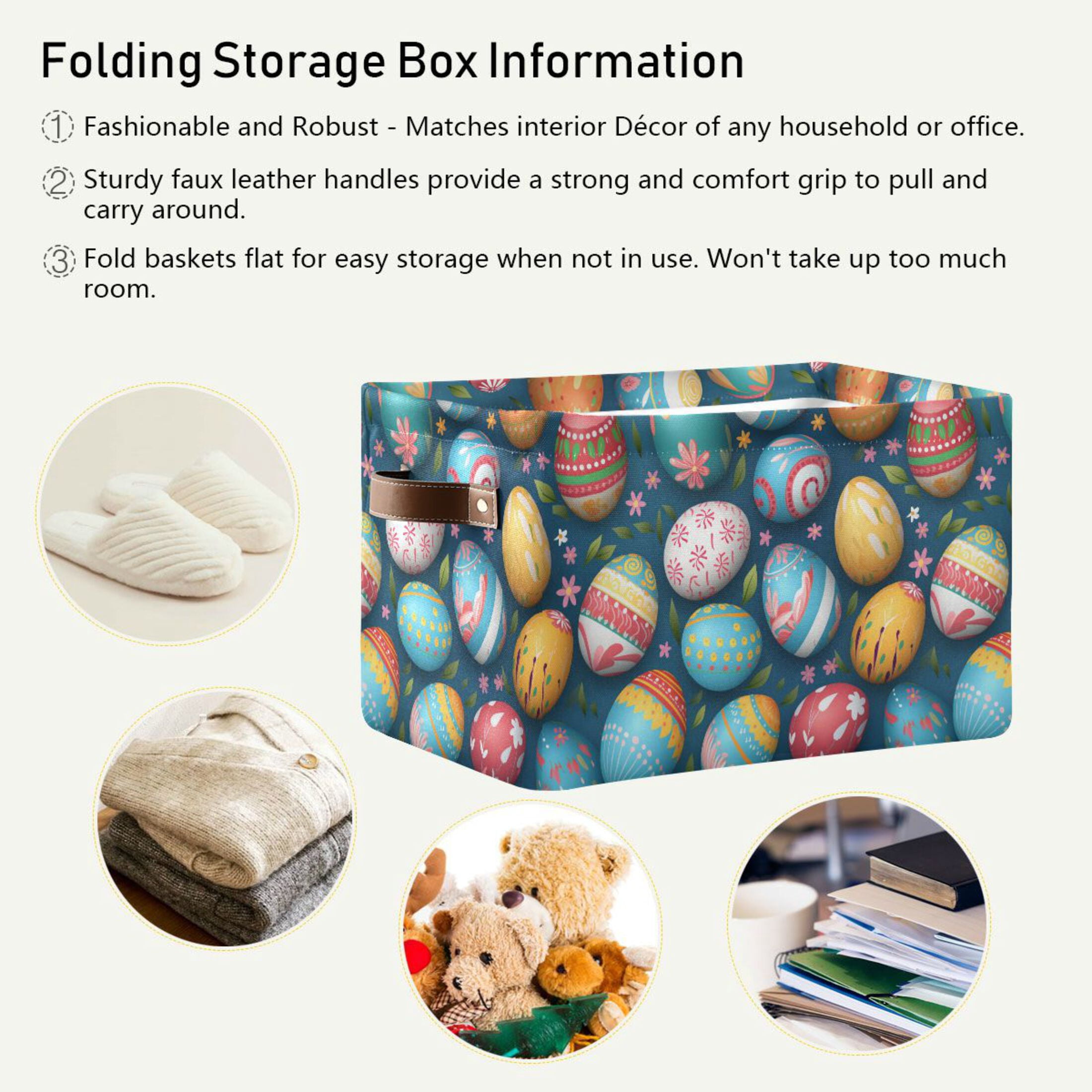 Colorful Easter Eggs Storage Bins with Handle Fabric Organizer Basket Foldable Box 2 Pack 14.2x10.2x8.3