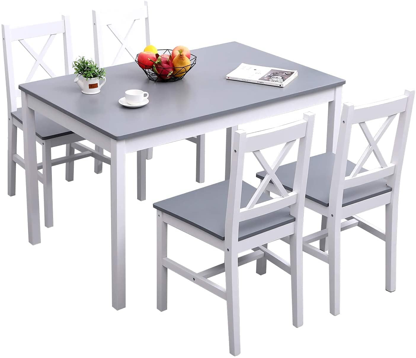 Soges 5 Pieces Dining Table Set, Pine Wood Kitchen Dining Table with 4 Chairs, Wood Rectangular kitchen table and chairs for 4, Small Dining Set for Bar Dining Room Breakfast Nook, White and Gray