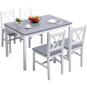 Soges 5 Pieces Dining Table Set, Pine Wood Kitchen Dining Table with 4 Chairs, Wood Rectangular kitchen table and chairs for 4, Small Dining Set for Bar Dining Room Breakfast Nook, White and Gray