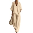 thumbnail image 2 of Cotton Linen Sets for Women 2 Piece Batwing Sleeve V Neck Shirts and Wide Leg Pants Set Casual Outfit,Beige XXL, 2 of 5