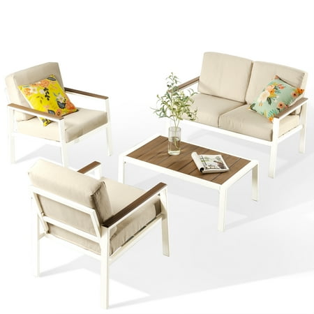 Zinus Dillon Aluminum and Poly Lumber Outdoor 4 Piece Conversation Set, White