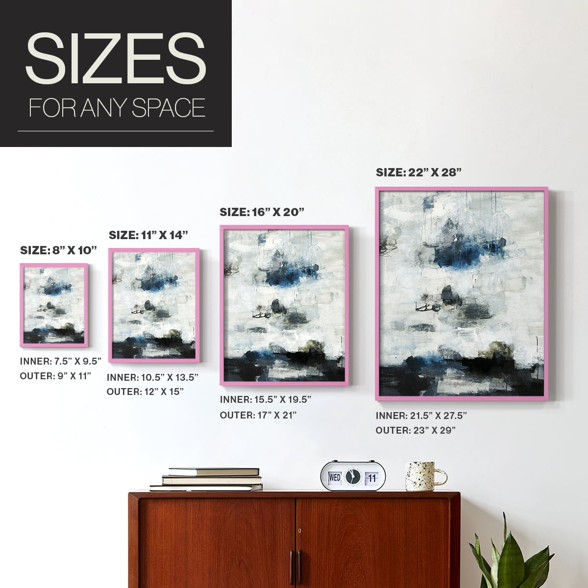 Black & Blue Framed Print in Pink Solid Wood Framed Print No Nail Hanging