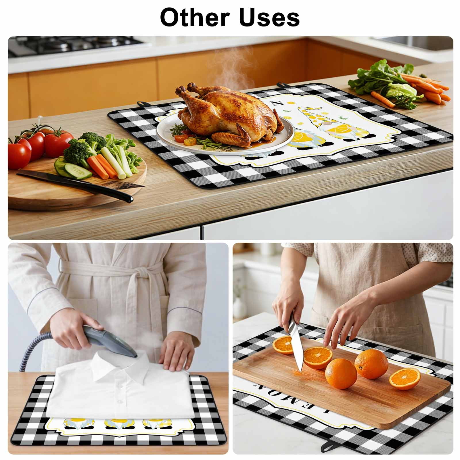 Summr Lemon Gnomes Stove Top Cover for Electric Stove, Heat-proof & Non Slip Glass Top Stove Cover Protector, Farmhouse Rustic Black Plaid Kitchen Flat Cooktop Rubber Mat 24x21 Inches