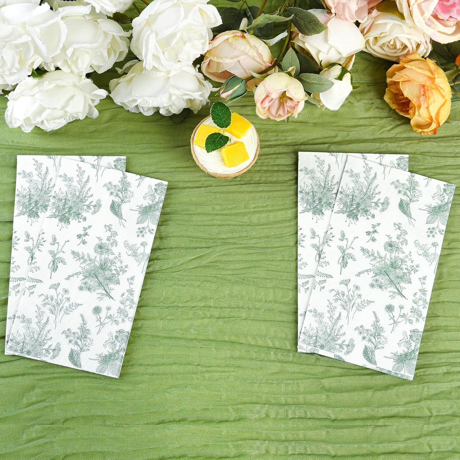 100 Floral Guest Napkins Sage Green White Toile Disposable Paper Napkins Flower Bathroom Hand Towels for Tea Party Christmas Bridal Baby Shower Party Supplies