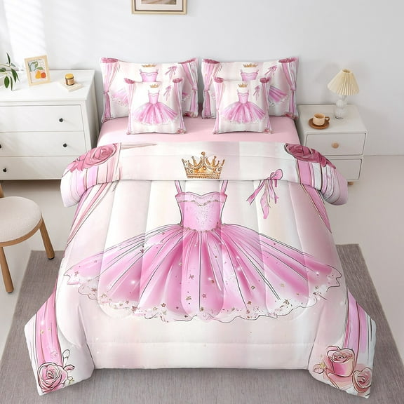 Erosebridal Princess Dress Bedding, Girly Pink Bed in a Bag, Rose Flower Reversible Bed Set, Ultra Soft Room Decoration, 7pcs