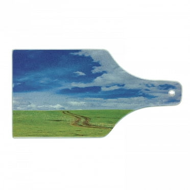 Country Cutting Board, Earth Path Road on Grass Field Plateau Rural Countryside View with Clouds Image Print, Tempered Glass Cutting and Serving Board, Wine Bottle Shape, Blue, by Ambesonne