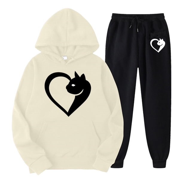 Gibobby Sudaderas de Forro Polar y Pantalones Sudadera con capucha y pantalones con cuello redondo y manga larga con estampado de y corazón para mujer, trajes(Beige,XL)
