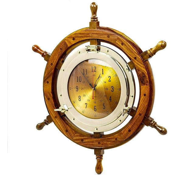 Nagina International 24" Exclusive Pirate's Nautical Ship's Steering Wheel Styled Porthole Clock | Lavish Wall Decor Gifts & Collectible