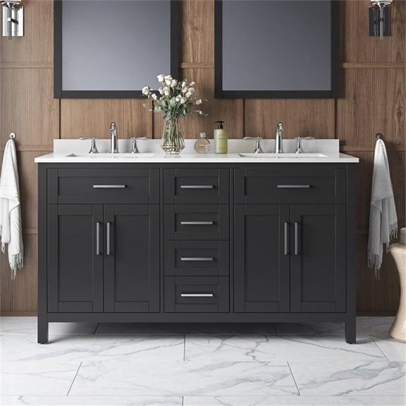 Pemberly Row 60" Double Vanity in Espresso with White Countertop