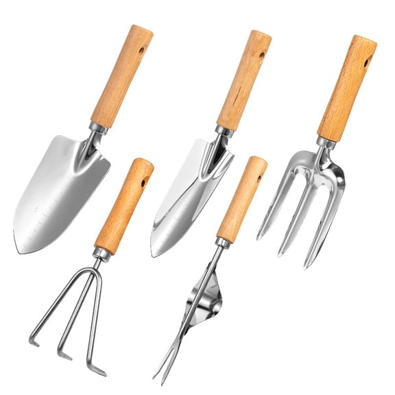 Garden Tool Set, 5 Pieces Gardening Kit , Stainless Steel Heavy Duty Garden Tools with Wooden Handle, Gardening Gifts for Women