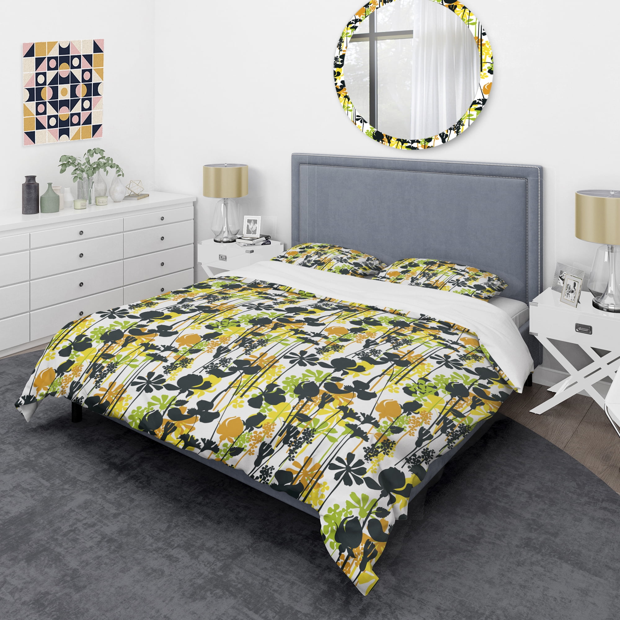 Designart 'Summer meadow pattern, black silhouettes' Mid-Century Modern Duvet Cover Set