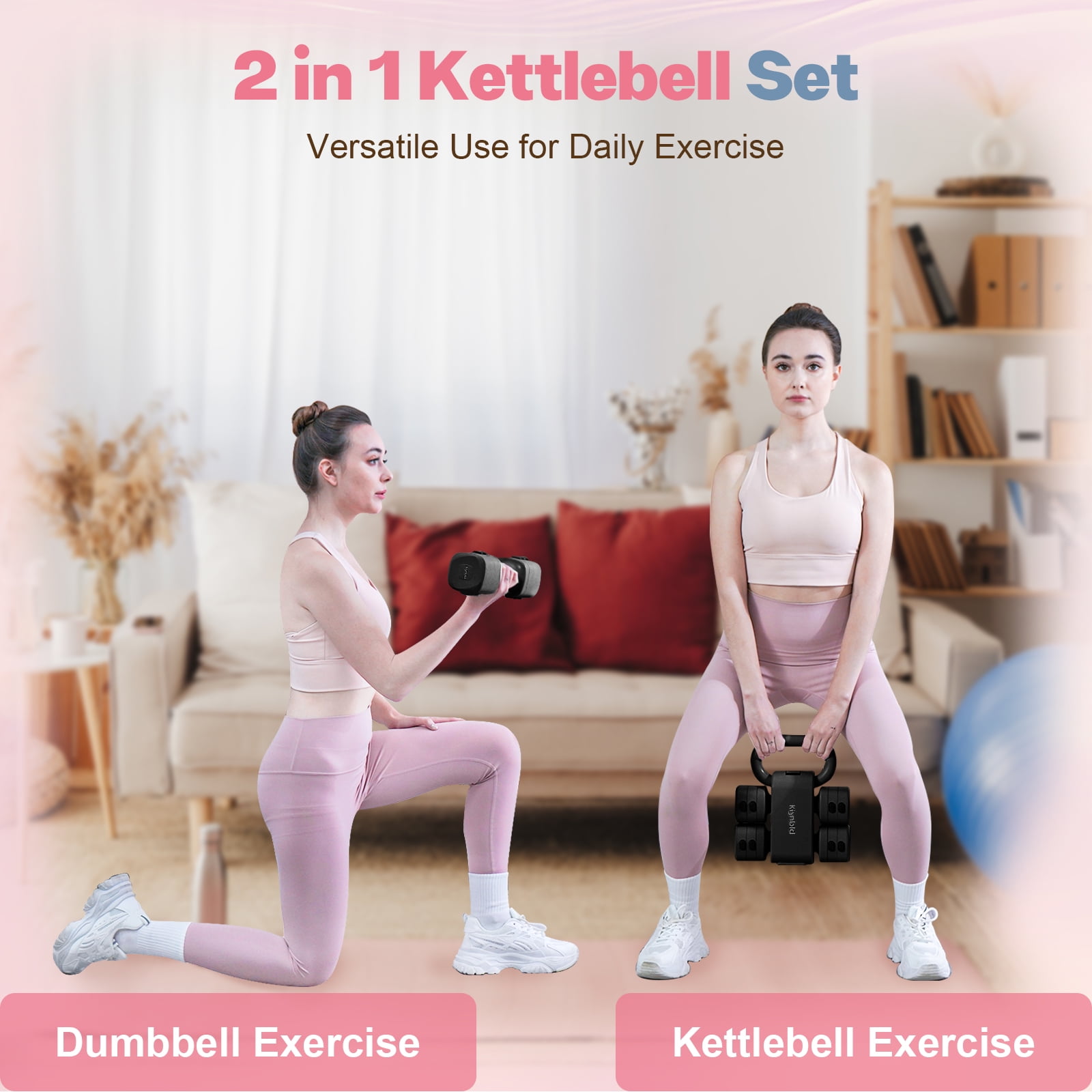 kisnbld Adjustable Kettlebell Set, 2 in 1 Free Weights Dumbbells & Kettlebell Set for Women with Fast Adjustment, Each 2lb 3lb 4lb 5lb Hand Weights Set for Home Gym & Outdoor Exercise Training