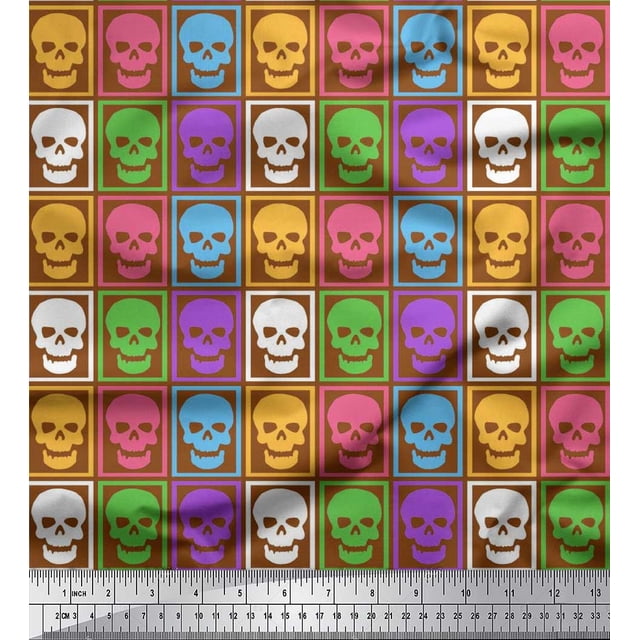 Soimoi Moss Georgette Fabric Skull Halloween Printed Fabric 1 Yard 42 Inch Wide