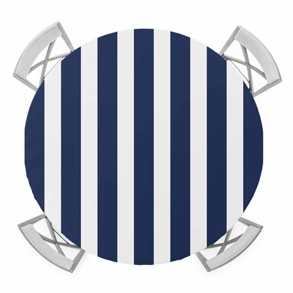 Round Fitted Tablecloth with Elastic Edge, Navy Blue Striped Waterproof Table Cloth Table Cover for 45"-54" Tables, Modern Farmhouse Blue White Stripes Tablecloths for Dining Picnic Party Outdoor