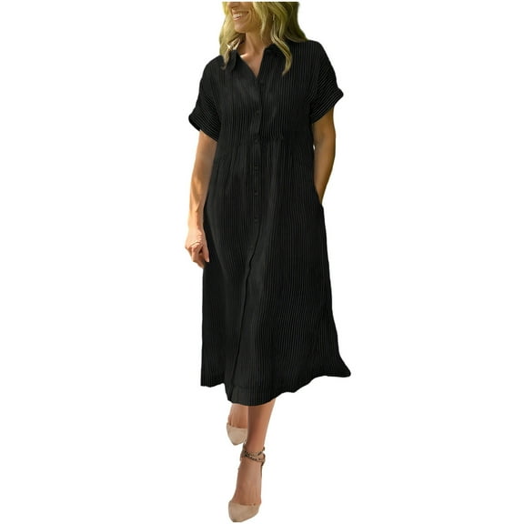 Hvot&aat Women's Boho Striped Shirt Dress Button Up Short Sleeve Lapel Side Slit Mid Long Dress