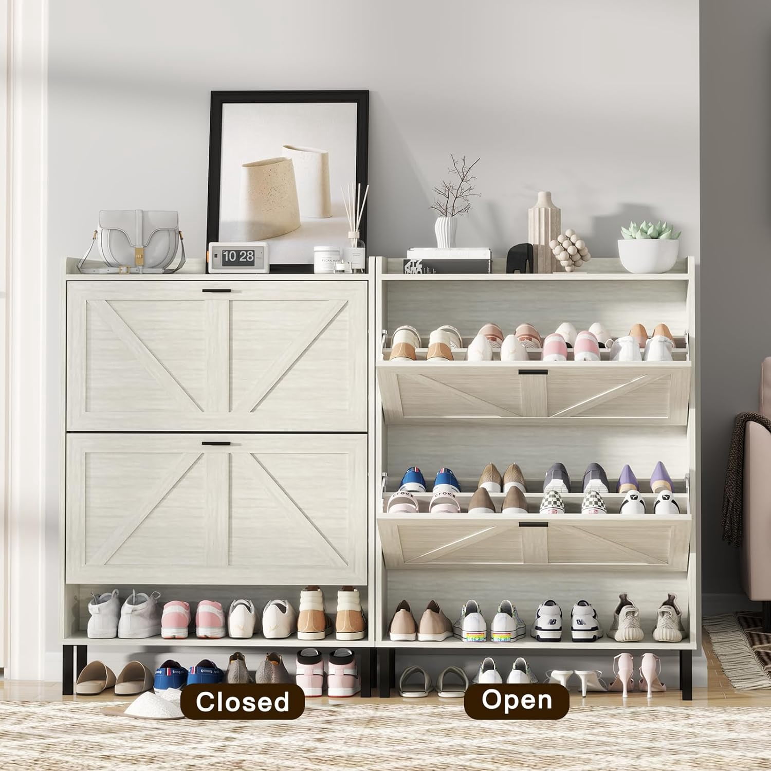 Vinform Farmhouse Shoe Storage Cabinet with 2 Flip Drawers for Entryway, Slim Wood Shoe Cabinet, Freestanding Narrow Shoe Rack Organizer with Metal Legs for Hallway Living Room (Gray)