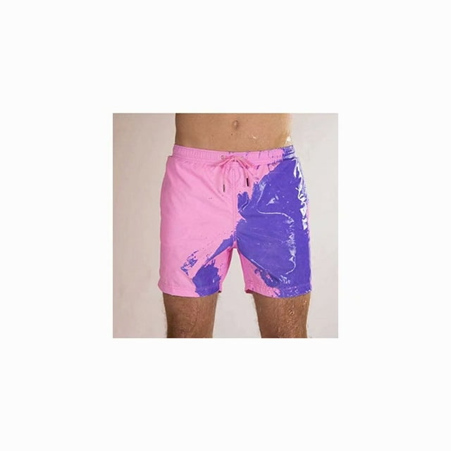 Temperature-Sensitive Color-Changing Beach Men Swimming Pants Sport Summer Swimsuit Surfing Swim Trunks Shorts, L, Pink